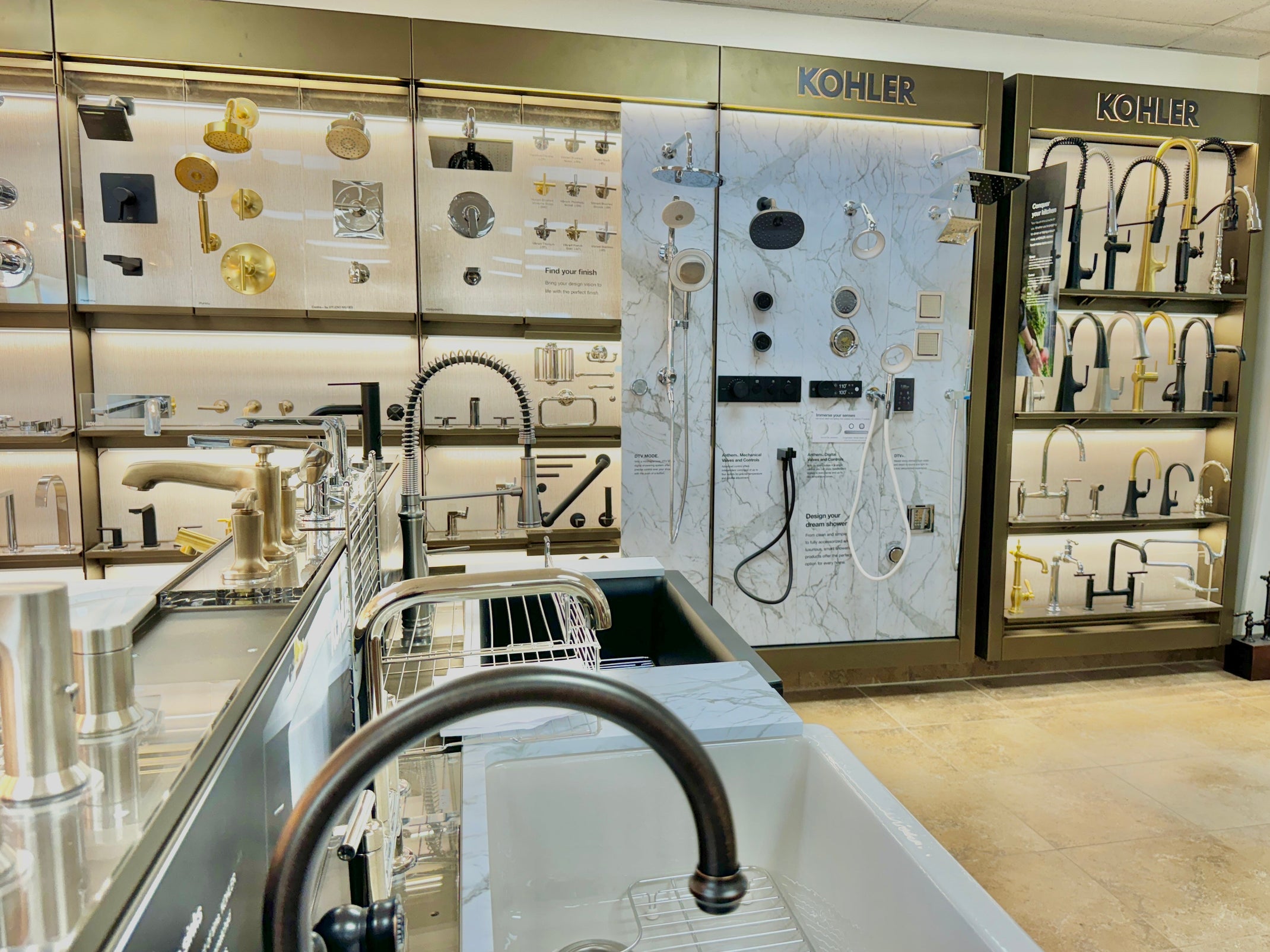 Kohler bathroom fixtures display in a showroom