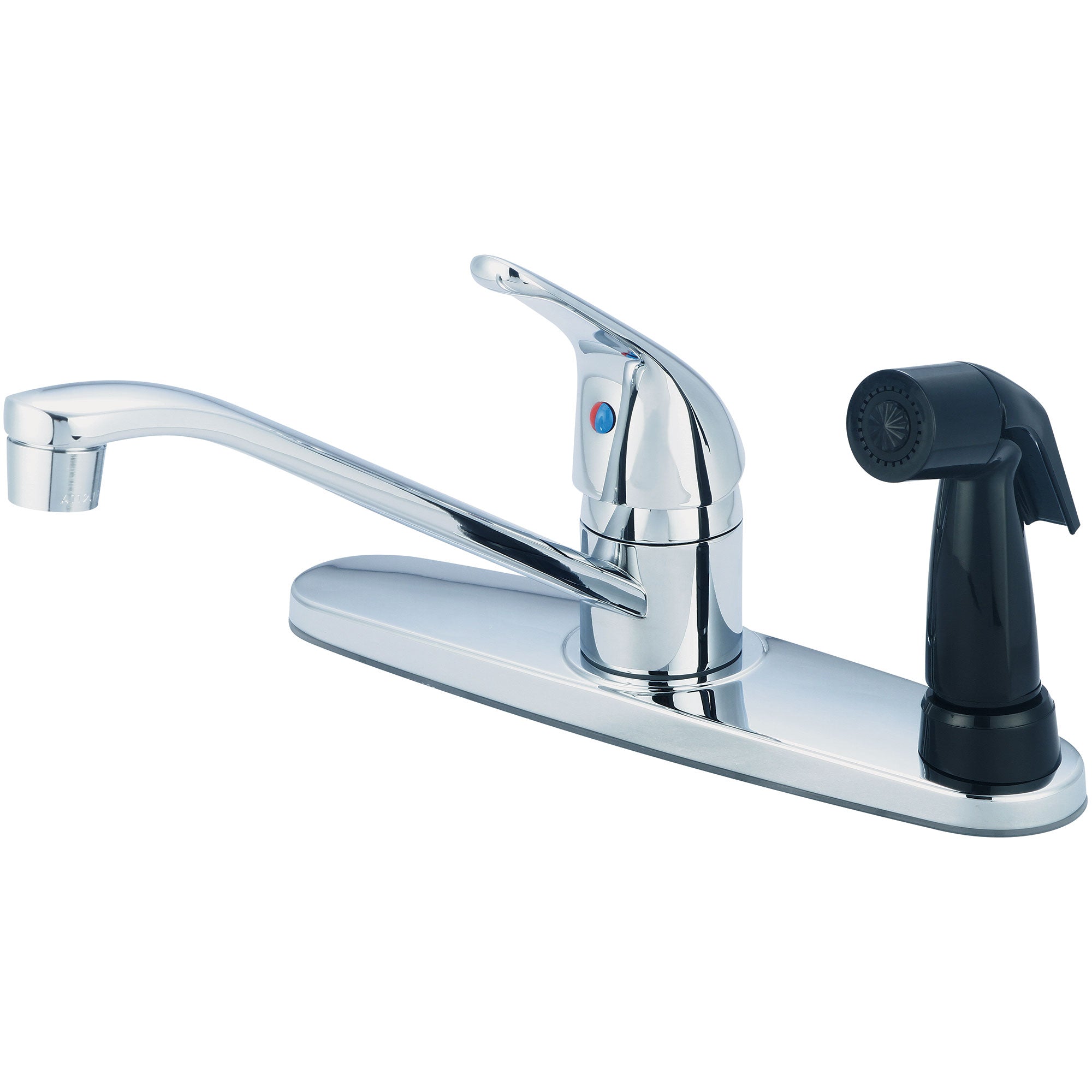 Olympia Faucets Elite 1.5 GPM Widespread Kitchen Faucet with 7 - 15/16" Reach D - Style Swivel Spout, 5 - 1/4" Plastic Side Spray, and Lever Handle - APEX Supply Co.