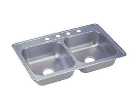 Elkay K233224 Dayton Stainless Steel 33" x 22" x 6 - 1/16", Equal Double Bowl Drop - in Sink, 4 Faucet Holes - APEX Supply Co.