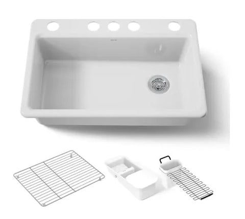 Kohler Riverby 33" Undermount Single Basin Enameled Cast Iron Workstation Kitchen Sink with Utility Rack, Sink Rack and Colander, and Intregral Cutting Board - APEX Supply Co.