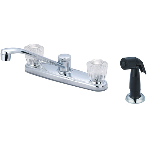 Olympia Faucets Elite 1.5 GPM Widespread Kitchen Faucet with 7 - 9/16" Reach D - Style Swivel Spout, 4 - 7/8" Plastic Side Spray, and Acrylic Knob Handles - APEX Supply Co.