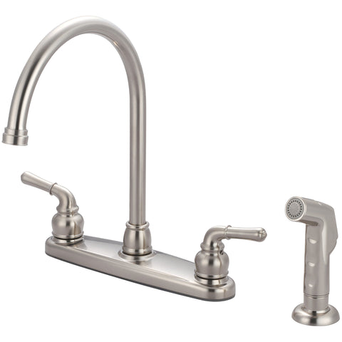 Olympia Faucets Accent 1.5 GPM Widespread Kitchen Faucet with 8 - 7/16" Reach Gooseneck Swivel Spout, 5 - 5/8" Brass Side Spray, and Lever Handles - APEX Supply Co.