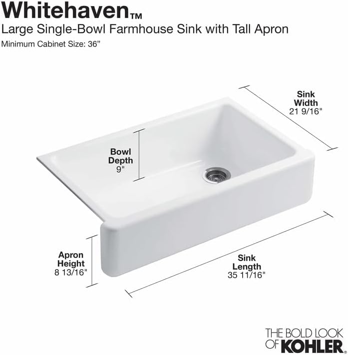 Kohler Whitehaven 35 - 11/16" Self - Trimming Farmhouse Single Basin Enameled Cast Iron Kitchen Sink - APEX Supply Co.