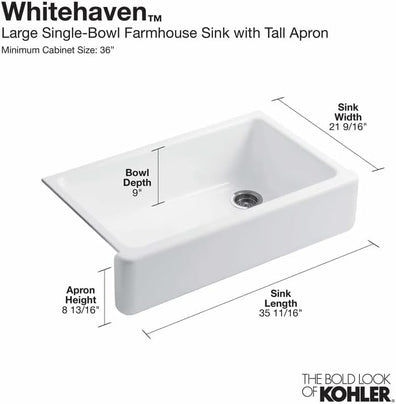 Kohler Whitehaven 35 - 11/16" Self - Trimming Farmhouse Single Basin Enameled Cast Iron Kitchen Sink - APEX Supply Co.