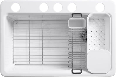 Kohler Riverby 33" Undermount Single Basin Enameled Cast Iron Workstation Kitchen Sink with Utility Rack, Sink Rack and Colander, and Intregral Cutting Board - APEX Supply Co.