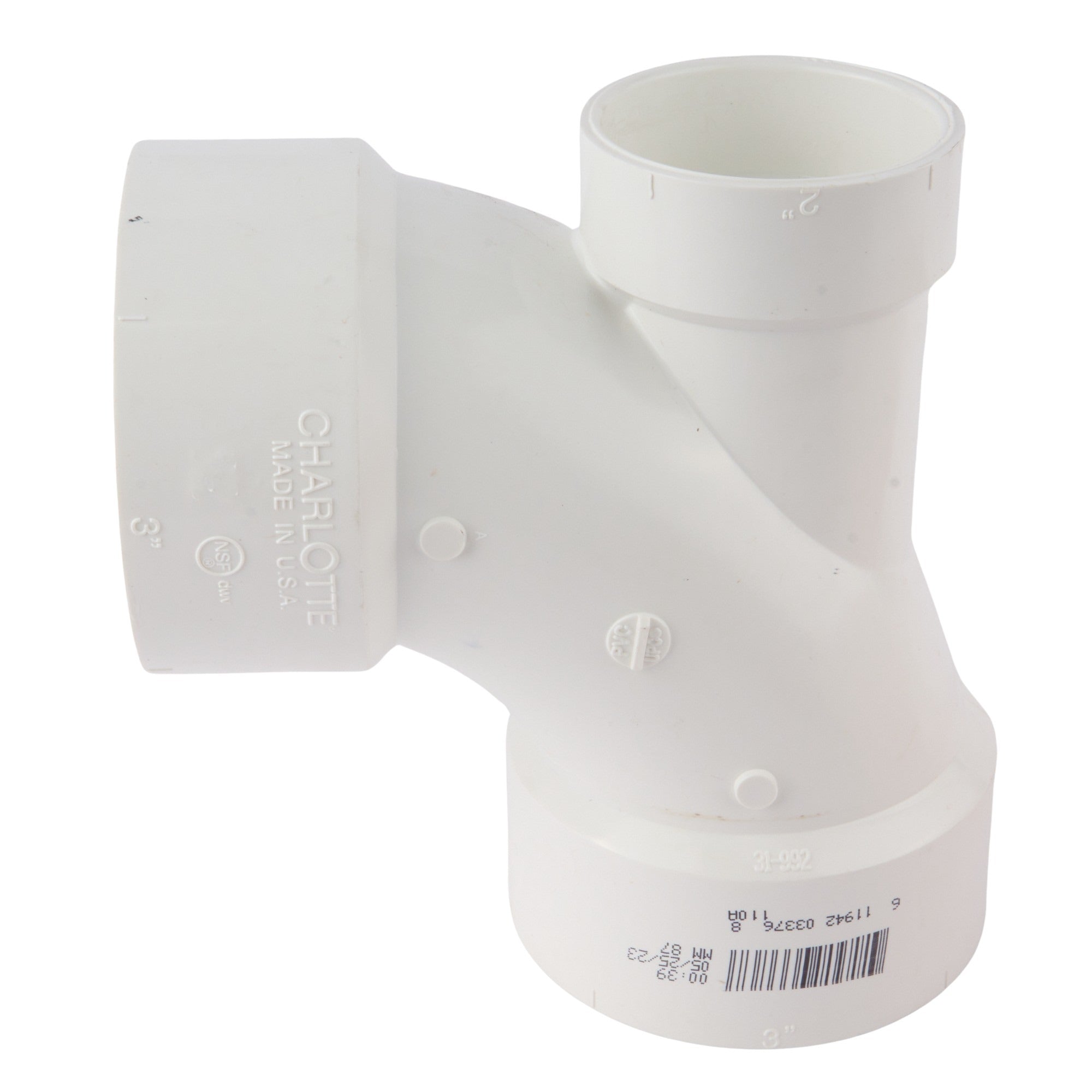 PVC DWV 90° Elbow w/2" Left Inlet 3" x 3" x 2"