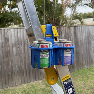 Rebend Constricta Multi Pot Grip hanging on ladder holding Oatey PVC Cement and Primer